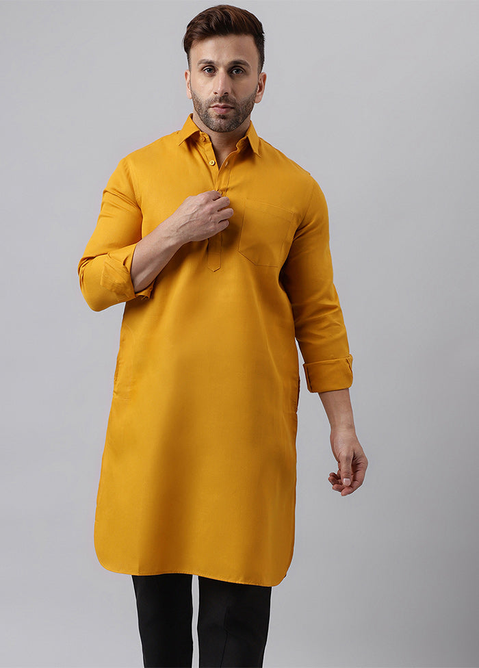 Mustard Cotton Jacquard Long Kurta