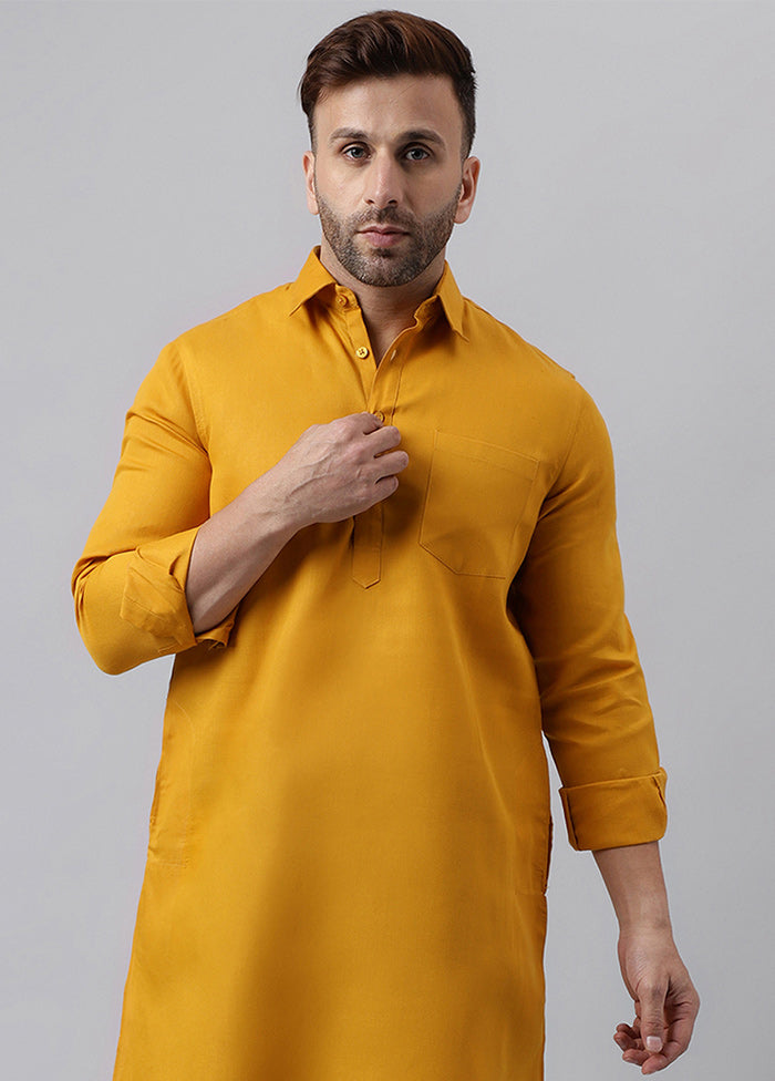 Mustard Cotton Jacquard Long Kurta