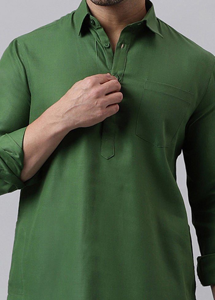 Green Cotton Jacquard Long Kurta