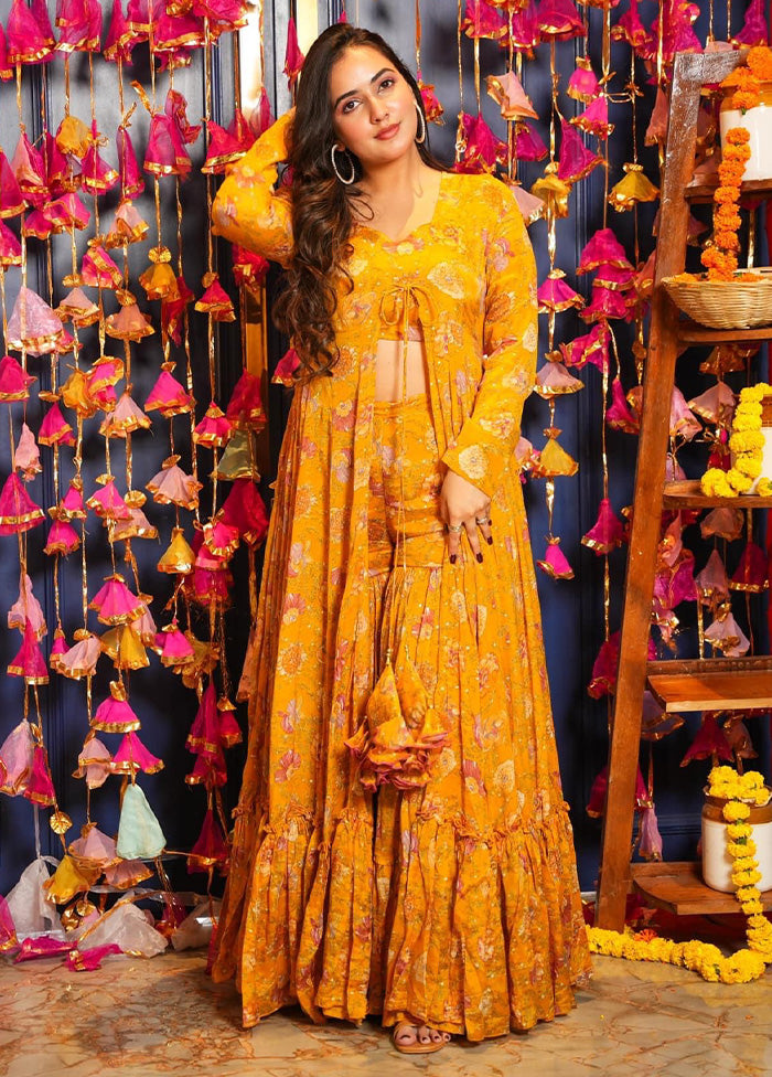 3 Pc Yellow Readymade Silk Shrug Suit Set