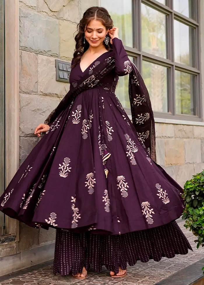 3 Pc Purple Pure Readymade Silk Dupatta Suit Set