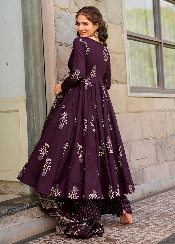 3 Pc Purple Pure Readymade Silk Dupatta Suit Set