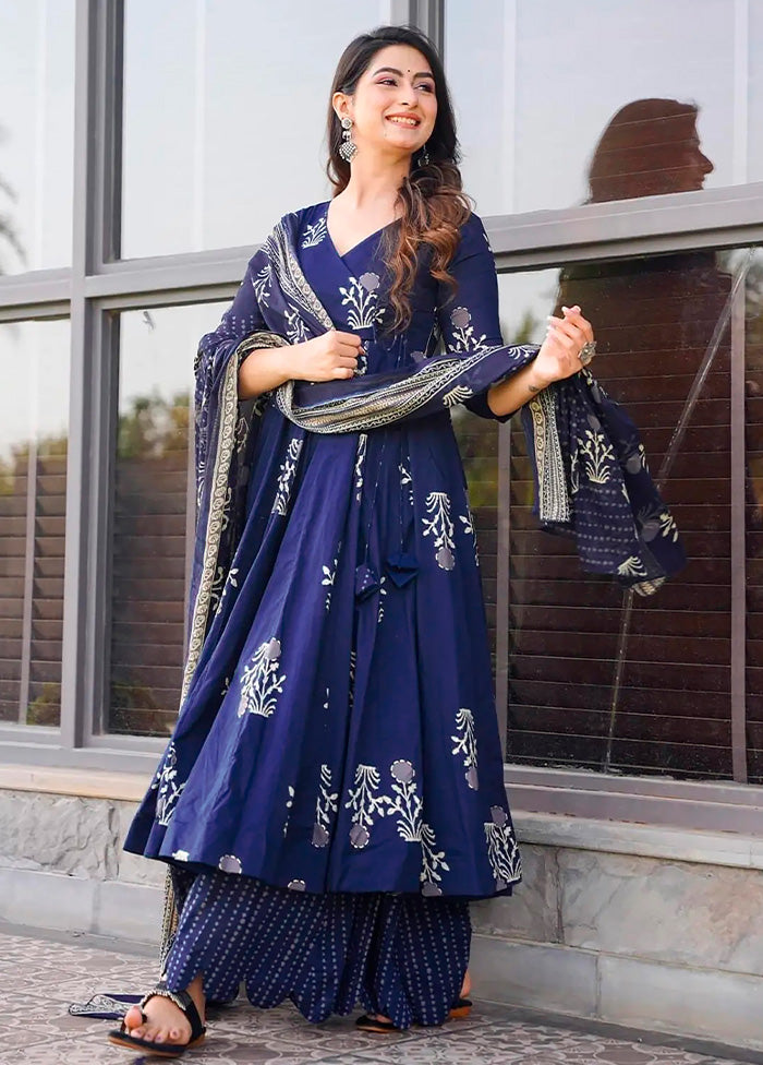 3 Pc Royal Blue Pure Readymade Silk Dupatta Suit Set