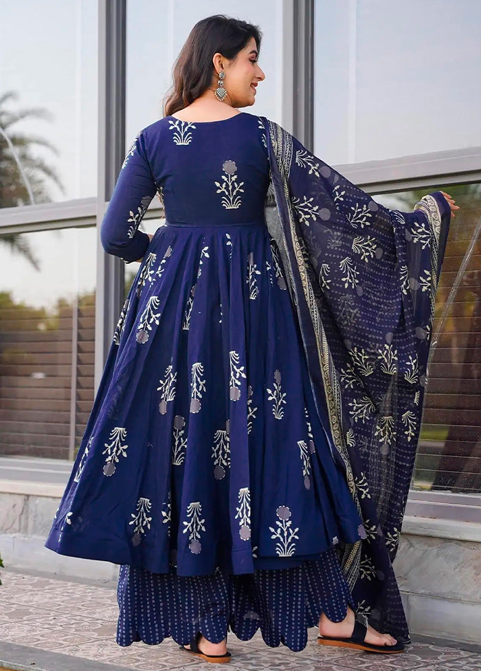 3 Pc Royal Blue Pure Readymade Silk Dupatta Suit Set