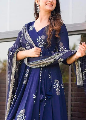 3 Pc Royal Blue Pure Readymade Silk Dupatta Suit Set