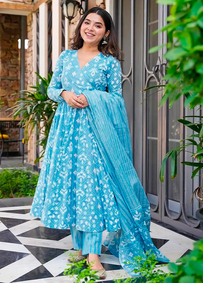 3 Pc Blue Pure Readymade Silk Dupatta Suit Set