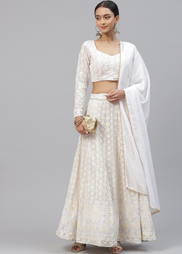 3 Pc White Crepe Semi Stitched Lehenga Set - Indian Silk House Agencies