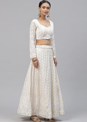 3 Pc White Crepe Semi Stitched Lehenga Set - Indian Silk House Agencies