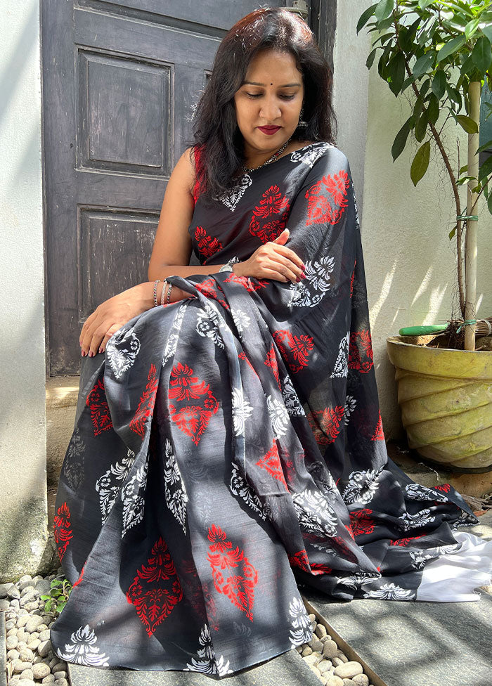 Black Handblock Printed Cotton Saree With Blouse Piece - Indian Silk House Agencies