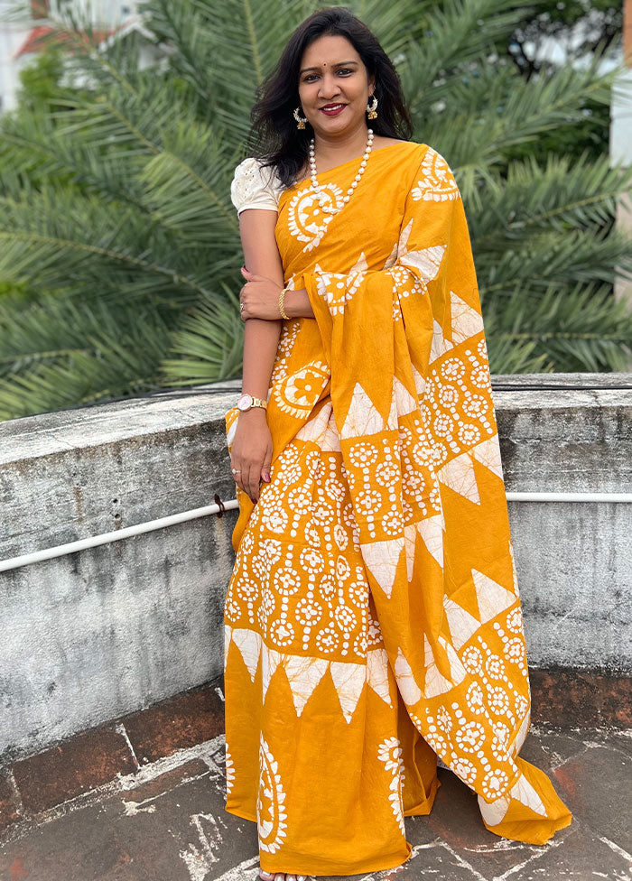 Yellow Handblock Printed Cotton Saree With Blouse Piece - Indian Silk House Agencies