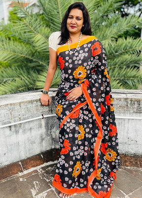 Black Handblock Printed Cotton Saree With Blouse Piece - Indian Silk House Agencies