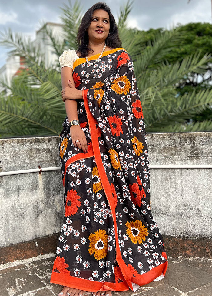 Black Handblock Printed Cotton Saree With Blouse Piece - Indian Silk House Agencies