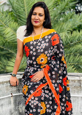 Black Handblock Printed Cotton Saree With Blouse Piece - Indian Silk House Agencies