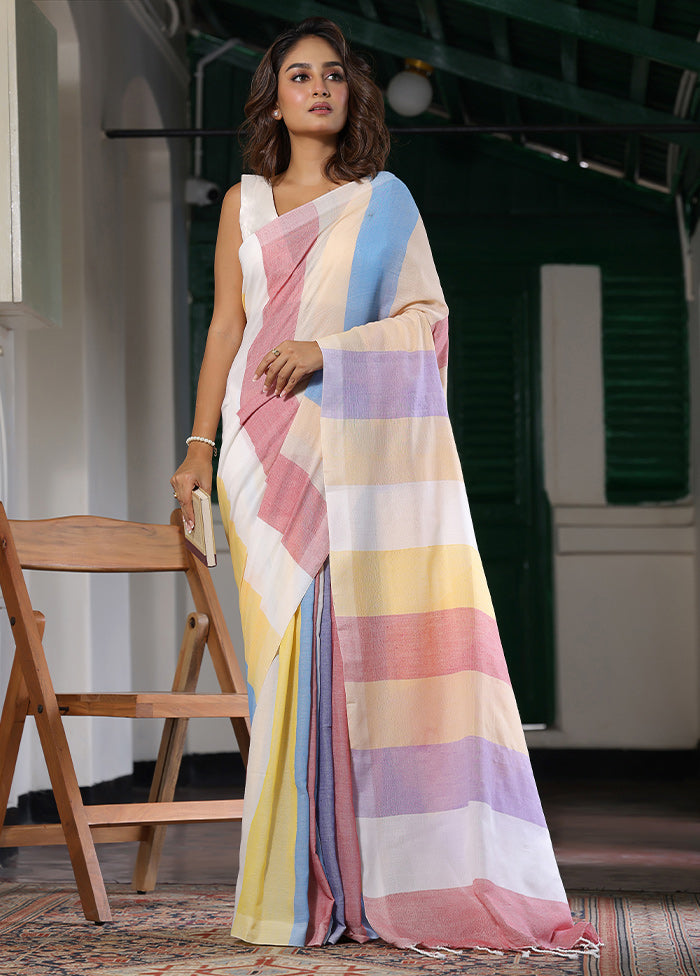 Multicolor Cotton Plain Work Saree Without Blouse Piece