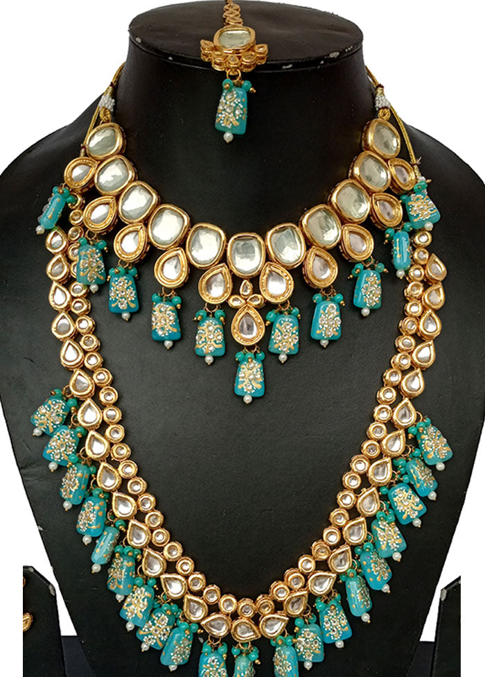 Gold Plated Kundan Jewellery Set With Blue Polki - Indian Silk House Agencies