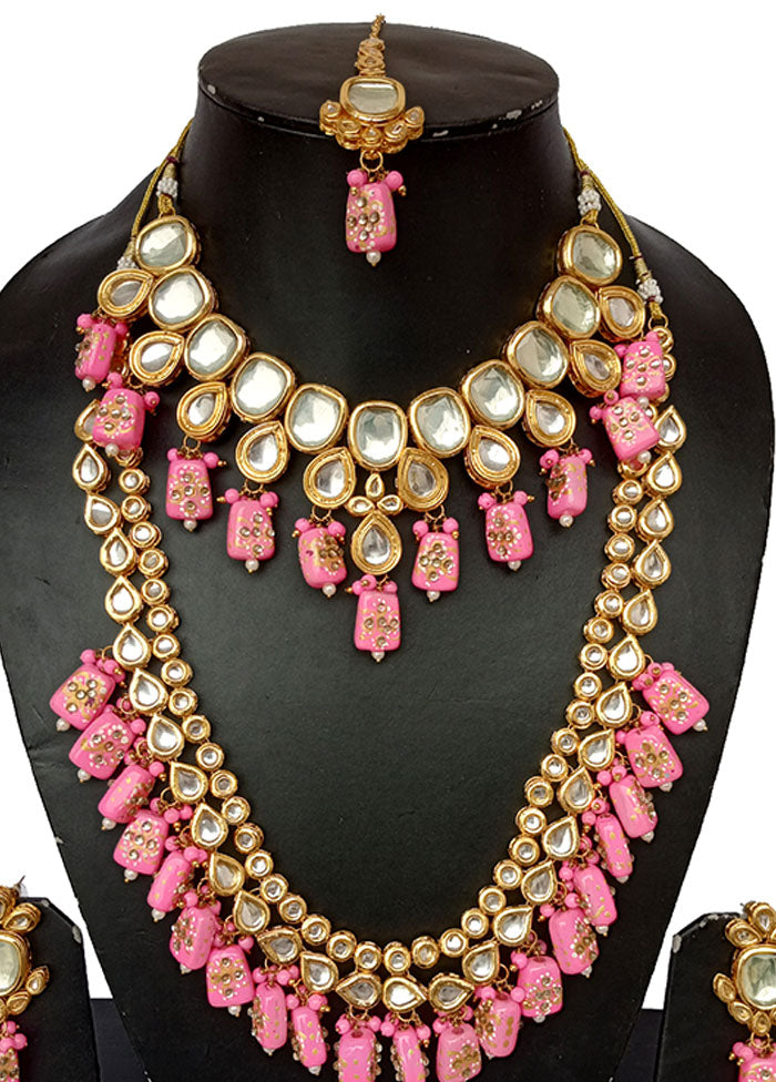 Gold Plated Kundan Jewellery Set With Pink Polki - Indian Silk House Agencies