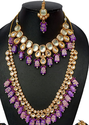 Gold Plated Kundan Jewellery Set With Purple Polki - Indian Silk House Agencies