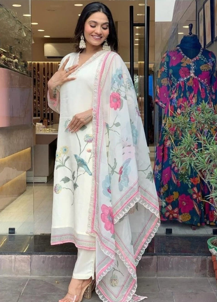 3 Pc Cream Readymade Silk Suit Set