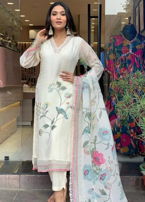 3 Pc Cream Readymade Silk Suit Set