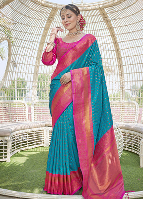 Blue Silk Saree With Blouse Piece - Indian Silk House Agencies