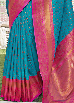 Blue Silk Saree With Blouse Piece - Indian Silk House Agencies