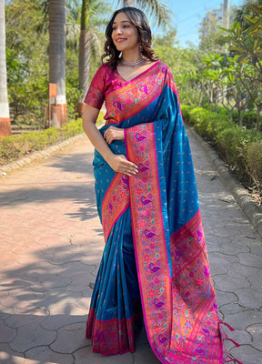 Blue Silk Saree With Blouse Piece - Indian Silk House Agencies