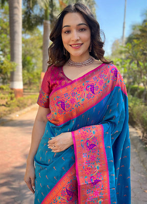 Blue Silk Saree With Blouse Piece - Indian Silk House Agencies