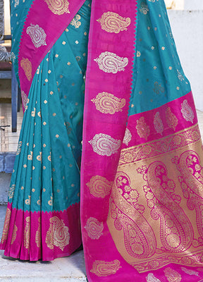 Blue Dupion Silk Saree With Blouse Piece - Indian Silk House Agencies