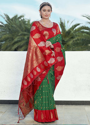 Dark Green Dupion Silk Saree With Blouse Piece - Indian Silk House Agencies