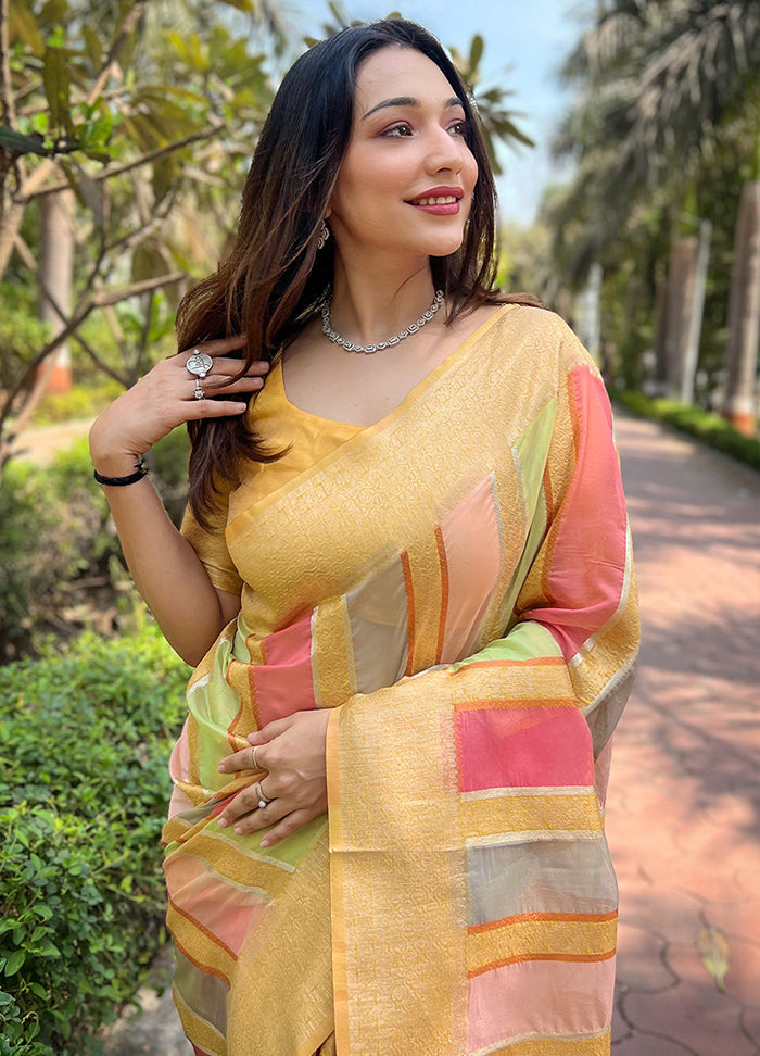 Yellow Organza Saree With Blouse Piece - Indian Silk House Agencies