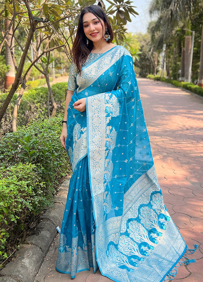 Blue Organza Saree With Blouse Piece - Indian Silk House Agencies