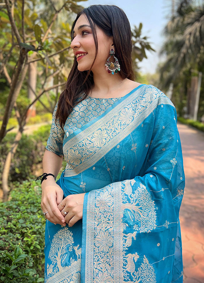 Blue Organza Saree With Blouse Piece - Indian Silk House Agencies