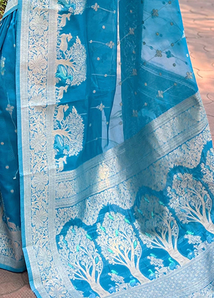 Blue Organza Saree With Blouse Piece - Indian Silk House Agencies