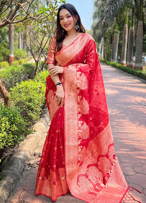 Red Organza Saree With Blouse Piece - Indian Silk House Agencies