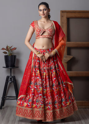 Red Silk Readymade Lehenga With Dupatta