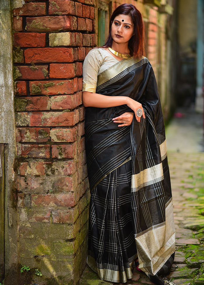 Black Spun Silk Saree With Blouse Piece - Indian Silk House Agencies