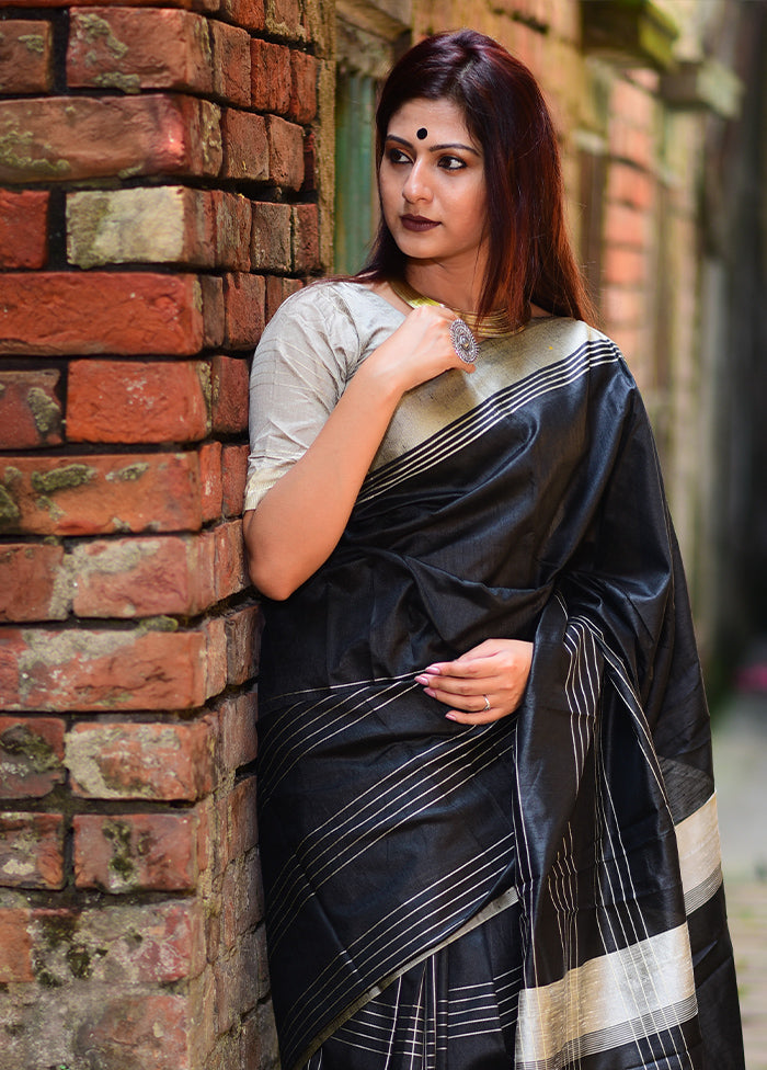 Black Spun Silk Saree With Blouse Piece - Indian Silk House Agencies