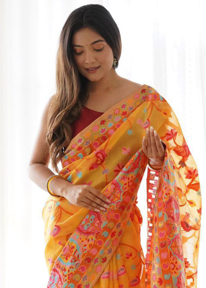 Yellow Spun Silk Saree With Blouse Piece - Indian Silk House Agencies