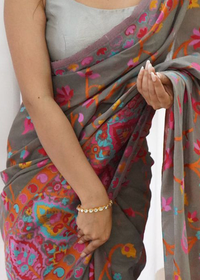 Grey Spun Silk Saree With Blouse Piece - Indian Silk House Agencies