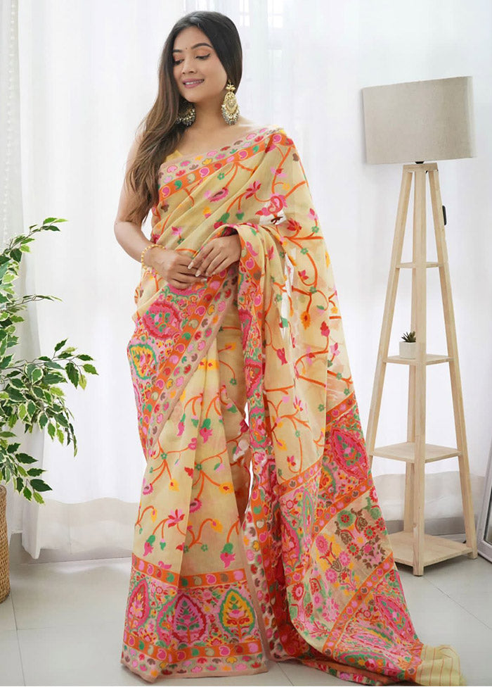 Light Yellow Spun Silk Saree With Blouse Piece - Indian Silk House Agencies