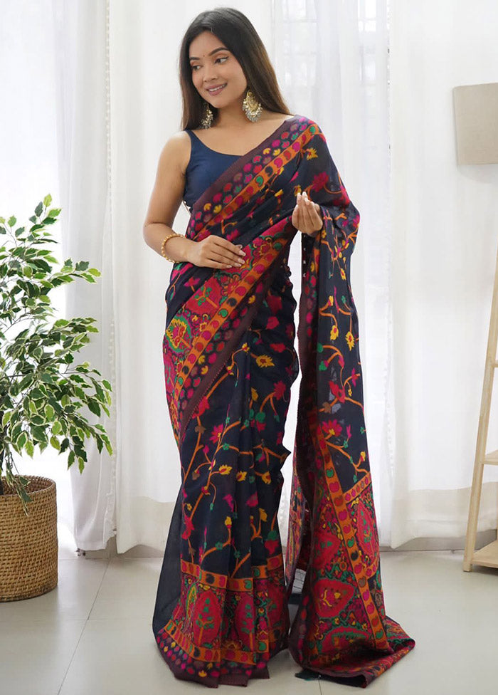 Navy Blue Spun Silk Saree With Blouse Piece - Indian Silk House Agencies