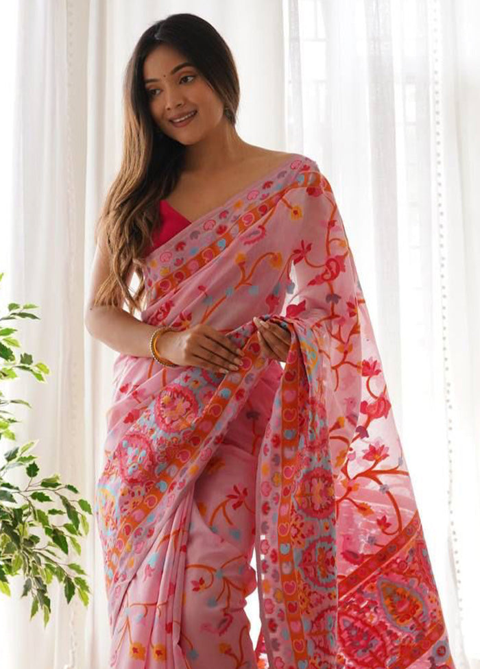 Pink Banarasi Silk Saree With Blouse Piece