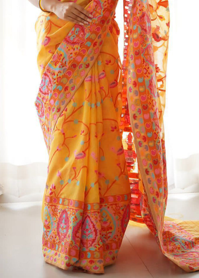 Yellow Banarasi Silk Saree With Blouse Piece