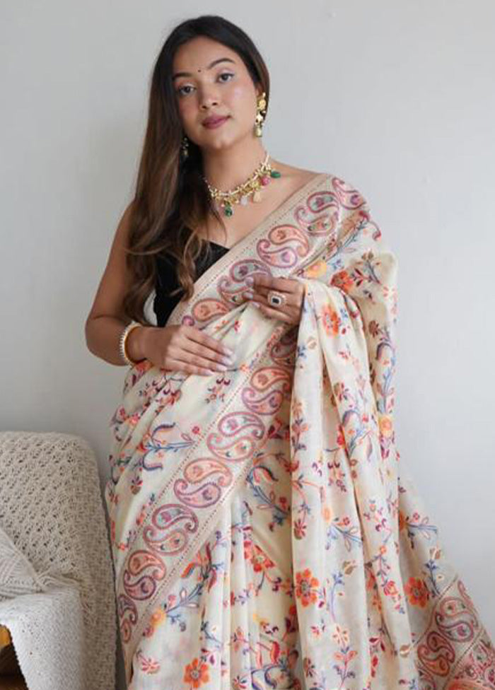 Cream Banarasi Silk Saree With Blouse Piece