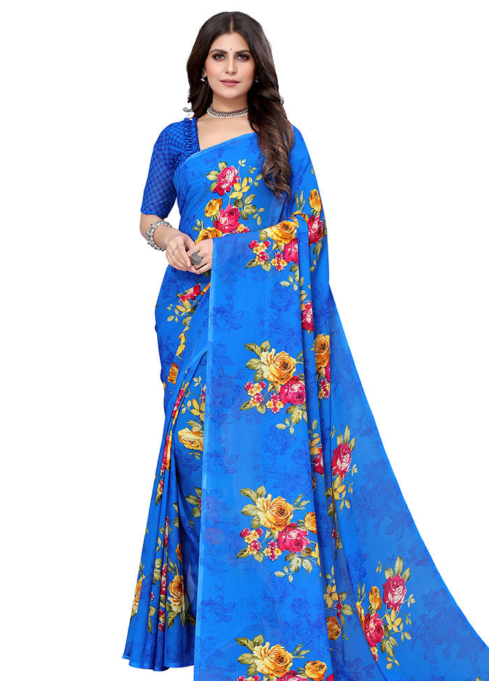 Blue Georgette Saree With Blouse Piece - Indian Silk House Agencies