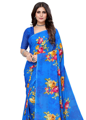 Blue Georgette Saree With Blouse Piece - Indian Silk House Agencies