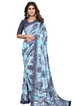 Sky Blue Silk Saree With Blouse Piece - Indian Silk House Agencies