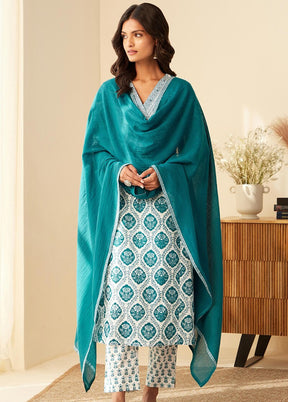 3 Pc White Readymade Cotton Dupatta Suit Set
