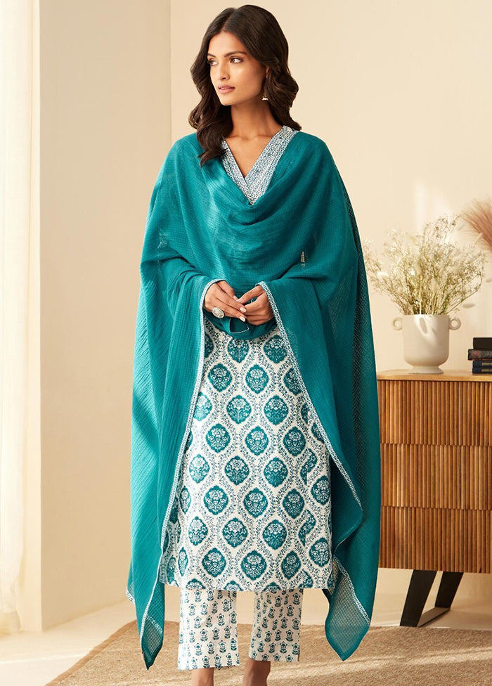 3 Pc White Readymade Cotton Dupatta Suit Set