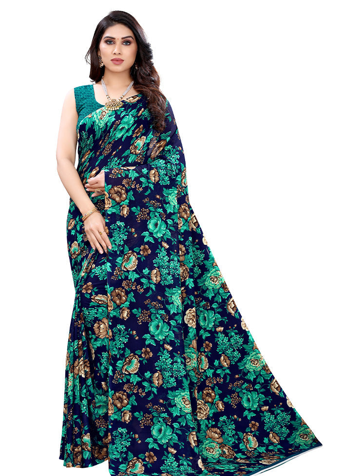 Blue Georgette Saree With Blouse Piece - Indian Silk House Agencies